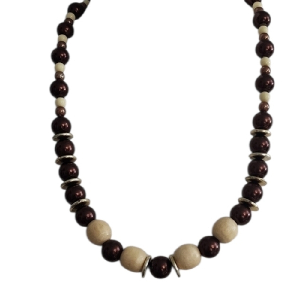 Wood Beaded Necklace Brown Cream